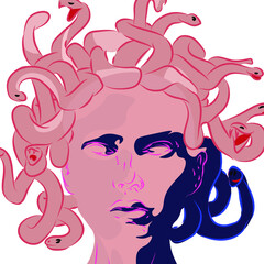 Medusa head with snakes greek myth creature pop art retro vector illustration. Isolated image on white background. Comic book style imitation.