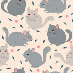 Seamless pattern with cute chinchillas. Vector graphics.