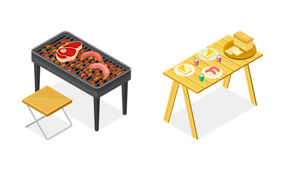 Barbecue Grill with Beef Steak and Table with Served Food as Picnic Isometric Vector Illustration Set