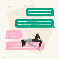 Creative design. Conteemporary art collage with woman, employee lying on text messages shape...