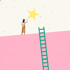 Contemporary art collage. Bussinesswoman, motivated employee reached the top, star symbolizing...