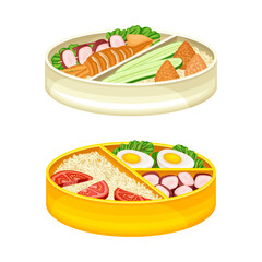 Bento Box as Japanese Single-portion Take-out or Home-packed Meal Vector Illustration Set