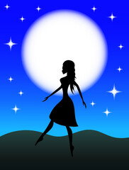 Fototapeta na wymiar Beautiful young girl silhouette on dark night sky and moonlight background. Vector illustration.
