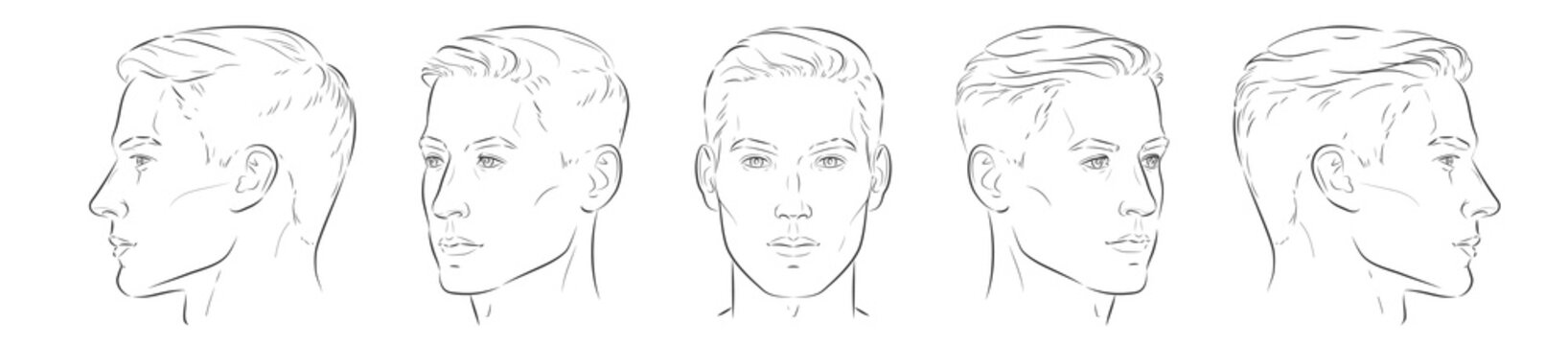 vector Set of man face portrait three different angles and turns of a male head. Close-up line sketch. Different view front, profile, three-quarter of a boy.