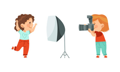 Pretty Girl Holding Digital Camera Taking Photograph Vector Illustration Set