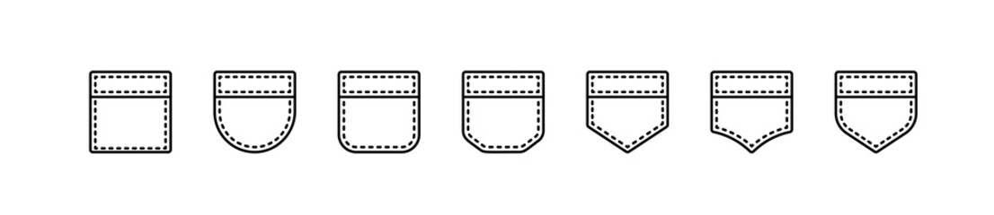 Patch Pocket. Jacket, Trousers, Dress, Jacket, Jeans, Coat, Shirt. Set of vector icons in linear style isolated on white background.