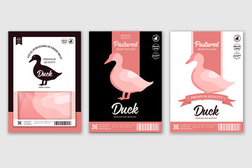 Vector butchery labels with farm animal silhouettes. Duck meat for groceries