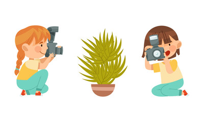 Pretty Girl Holding Digital Camera Taking Photograph Vector Illustration Set