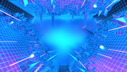 Podium show products, Empty stage. place for product. Colored neon lights. Place to present a product. Retro style. Sci Fi style. 3d Rendering image.