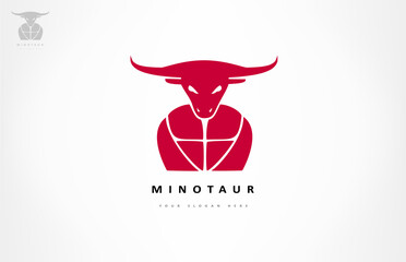 Minotaur logo bulls head and human body. Mythical creature design.