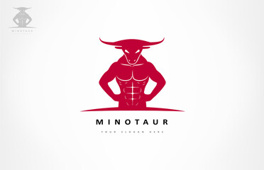 Minotaur logo bulls head and human body. Mythical creature design.