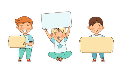 Little Boy Sitting and Standing with Empty Plaque Vector Illustration Set