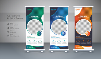 Creative business agency stands roll up banner design stands template layout for exhibition with...