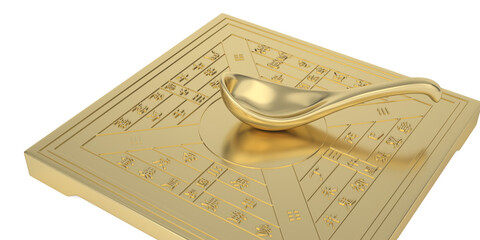 compass of ancient china, gold compass isolated on white background. 3D rendering. 3D illustration.