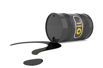Oil fuel flows from a barrel as a question mark. 3D illustration.