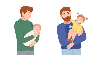 Young Father Holding His Baby with Arms Embracing Vector Illustration Set
