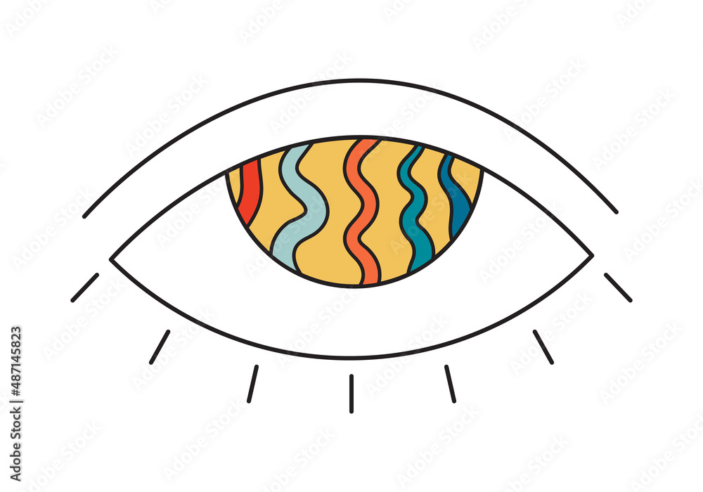 Poster vector 70s psychedelic eye with abstract colorful waves. retro groovy element for design and print. 