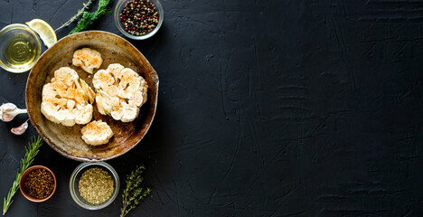 Cauliflower steak cooking. Raw cauliflower sprinkled with spices lies in a frying pan. Olive oil, herbs, various spices nearby. Dark background. Copyspace. Banner.