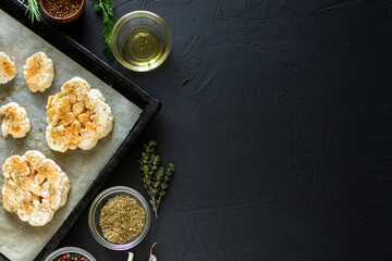 Cauliflower steak cooking. Raw cauliflower sprinkled with spices lies on a baking sheet. Olive oil, herbs, various spices nearby. Dark background. Copyspace.