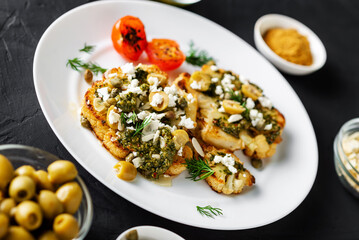Baked cauliflower steak with chimichurri sauce, almond flakes, capers. Vegetarian food. Alternative delicious food.