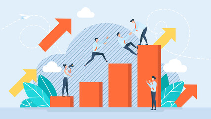 Team building concept. Business illustration. Teamwork, cooperation. The leader helps the team members to succeed. The metaphor of development, presentation, teambuilding. Flat design style.