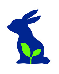 Silhouette of a sitting hare with a young sprout and two green leaves inside