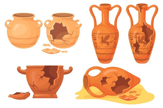 Cartoon broken pottery. Old cracked ceramic vases, history archeology urn for museum, ancient clay pots jar jug vessel, greece or roman artefact