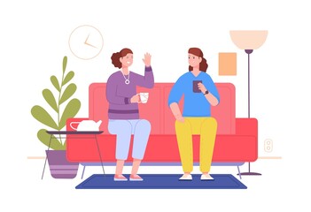 Friends drink tea home. Coffee drinking, female fun conversation on comfy couch, meeting laughing friends chatting and gossiping dialog on sofa cartoon character vector