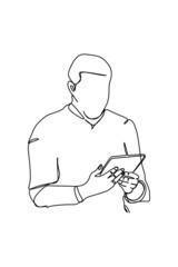 continuous line drawing of  male standing work with his tablet computer. Dynamic technology and business concept single line graphic draw design vector illustration