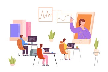 Accessible online teacher. Video learning tutor university, student talk with recorded teaching professor, internet academy class, vector illustration