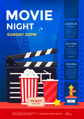 Movie night poster design. Cinema banner with clapboard, ticket, film strip, and popcorn. Vector illustration
