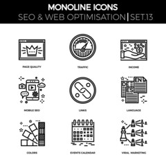 Line icons set with flat design of search engine optimization. Page quality, traffic, income, mobile seo, links, language, colors, events calendar, viral marketing. Monoline icons