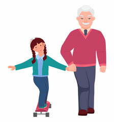 Elderly man walks with a little girl. Grandfather is holding his granddaughter's hand. Grandpa teaches the baby to ride a skateboard. Vector isolated flat illustration