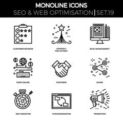 Line icons set with flat design of search engine optimization. Strategy for victory, customer reviews, blog management, earn online, partners, share, seo targeting, synchronization, promotion