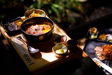 Curried Noodle Soup (Khao soi) with thai style spice, Northern Thai style cuisine.