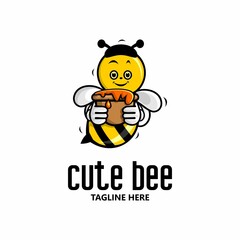 vector illustration of a honey bee logo carrying a container of honey on a white background