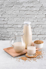 Vegan non diary buckwheat milk in bottle, in jug and glass with buckwheat groats in a bowl and on white stone table. Vegan buckwheat drink is plant based alternative milk. Veggies healthy milk product