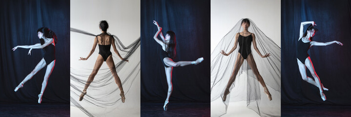 Flexibility and emotions. Collage of portraits of female ballet dancers dancing on dark studio...