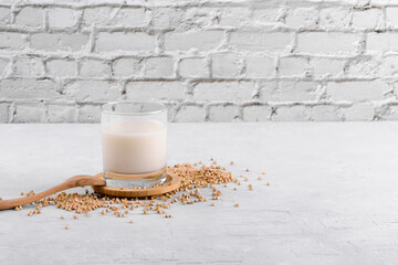 Vegan non diary buckwheat milk in glass with buckwheat groats and wooden spoon on a white stone table. Vegan buckwheat drink is plant based alternative milk . Veggies healthy milk product, copy space