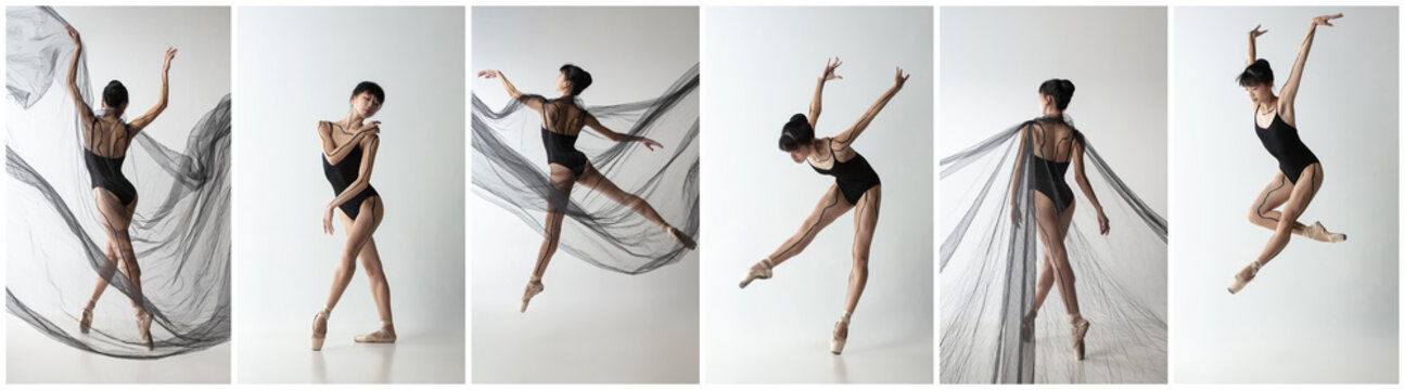 Collage of portraits of one young slim beautiful asian girl, female ballet dancer dancing with black fabric isolated on white background.
