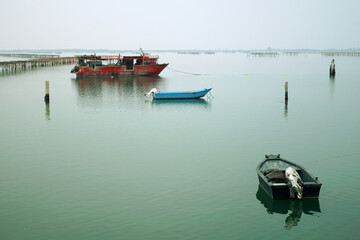 Fototapeta na wymiar Barche di pescatori di mitili nel mare adriatico con sfondo allevamenti di vongole Chioggia Venezia Italia