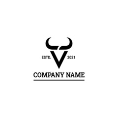 initial letter v with horns of a bull, buffalo, cow logo design