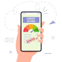 Credit score vector illustration Wealth evaluation Payment history data meter Financial information about the client Hands holding smartphones with credit score app on the screen