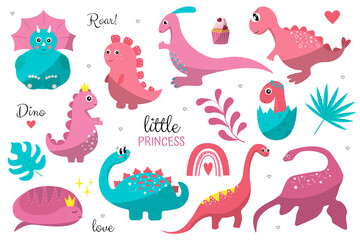 Fototapeta na wymiar Pink dinosaur set. Cute cartoon dino girls. birthday of princess. Children's holiday background, gift wrapping, textile print