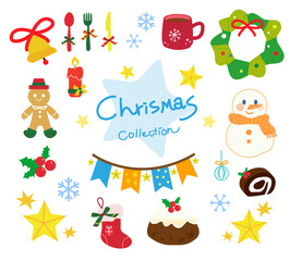 Vector illustration of retro cute Christmas set. Christmas ornaments, Christmas pudding, snowman, mistletoe, Christmas stocking, Christmas wreath, gifts, celebration banner