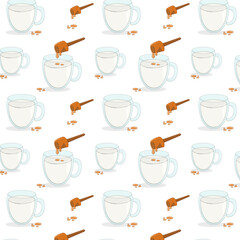 seamless pattern of a transparent glass of cold fresh milk with honey