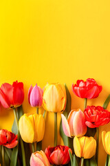 A bouquet of colorful tulips on a yellow background. A ready place for your invitation text, congratulations.