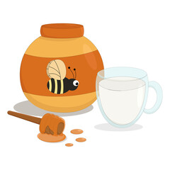 a jar of sweet bee honey with a glass mug of cold milk