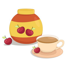 a jar of sweet cherry jam with a mug of hot tea