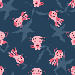 Fototapeta na wymiar Hand drawn seamless pattern with octopus and axolotls in the ocean. Perfect for T-shirt, textile and print. Doodle vector illustration for decor and design.